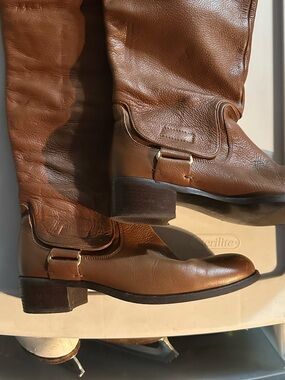 Zara Tan Brown Leather Mid-Calf Buckle Riding Boots